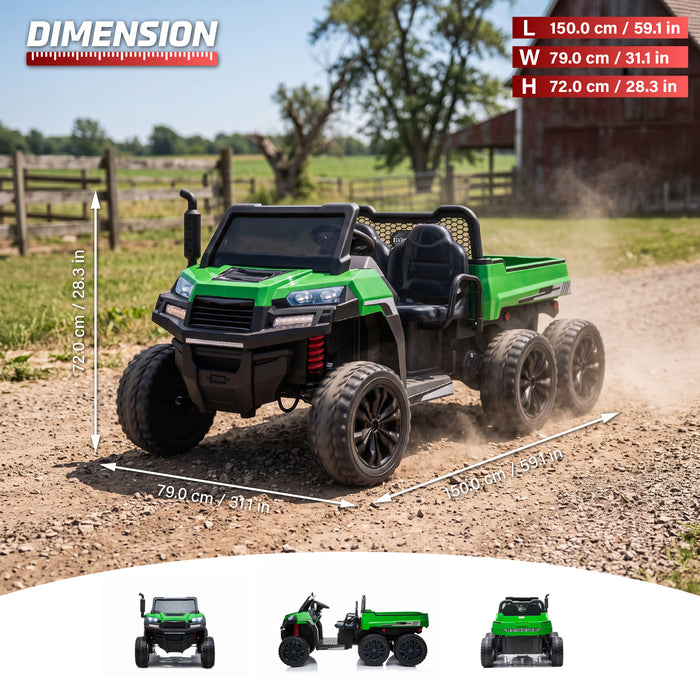 Green six-wheel kids ride-on farm truck with trailer shown outdoors