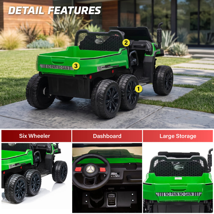 Detail views of the 24V ride-on farm truck’s rugged wheels and rear cargo bed