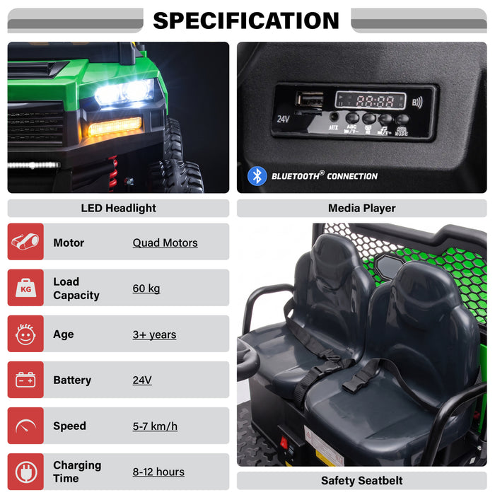 Specification graphic for the 24V kids ride-on farm truck showing its lights, media player and seating