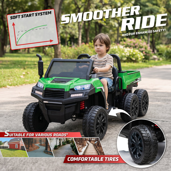 Child riding the green 24V farm truck with suspension for a smoother outdoor ride