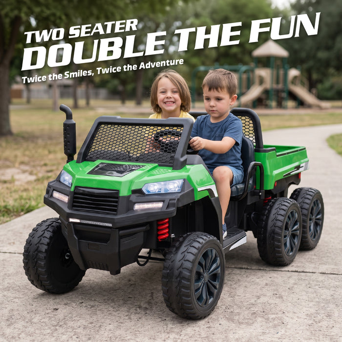 Green two-seater kids ride-on farm truck with trailer for outdoor adventures