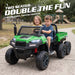 Green two-seater kids ride-on farm truck with trailer for outdoor adventures