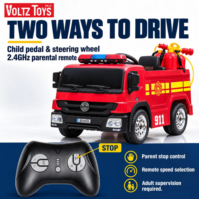 Camion de pompiers 12 V en voiture avec télécommande et équipement de pompier simulé