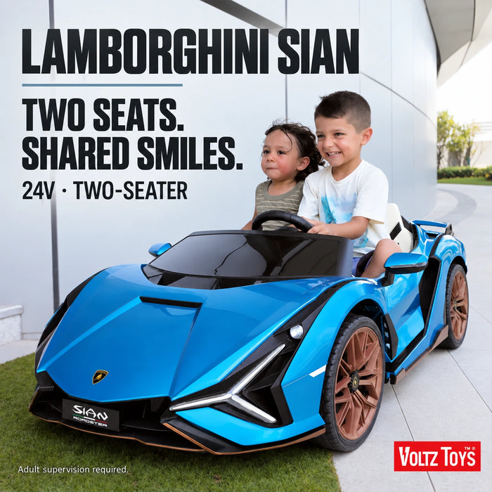 Lamborghini SIAN 24V 2 Seater Ride on Car for Kids with 4WD, Remote Control, EVA Wheels, Open Doors, Storage, Leather Seat, LED Lights & Music