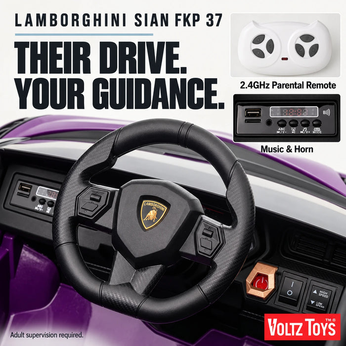 Lamborghini SIAN FKP 37 12V Ride on Car avec portes ciseaux et télécommande, sous licence