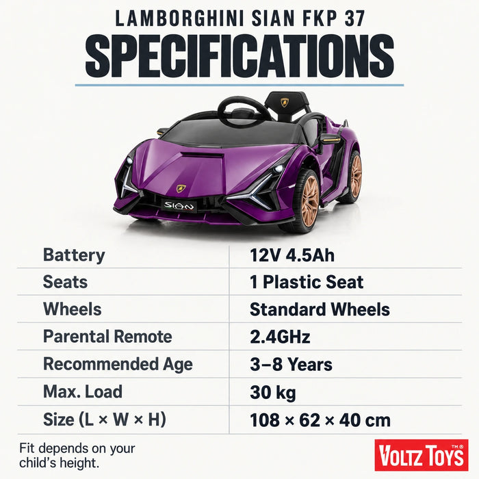 Lamborghini SIAN FKP 37 12V Ride on Car avec portes ciseaux et télécommande, sous licence