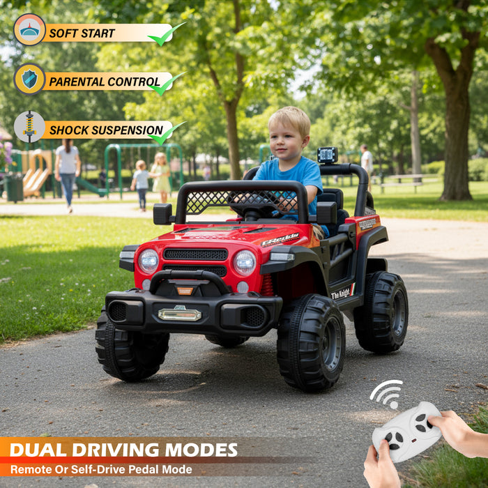 Jeep 12V Kids Ride On Car Toy with Open Doors, Realistic Lights and Remote Control
