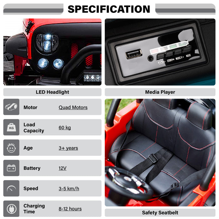 Lifted Monster Jeep 12V 2 Seater Classic Ride on Car with Remote Control, Leather Seat and EVA Tires