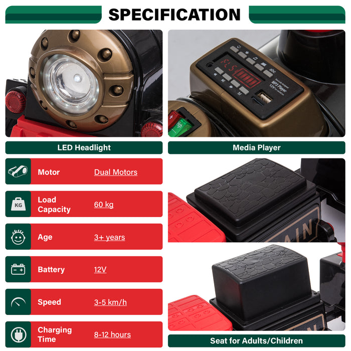 Locomotive Train 12V Ride on Train Car Toy for Kids and Parents with Carriage - 2 Seater/2+ Seater