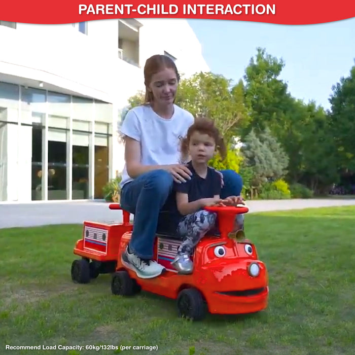 Officially Licensed Chuggington® Electric Ride-On Train with Whistle, Music Player & 2+/2 Seater – 12V, Red or Blue, Detachable Carriage