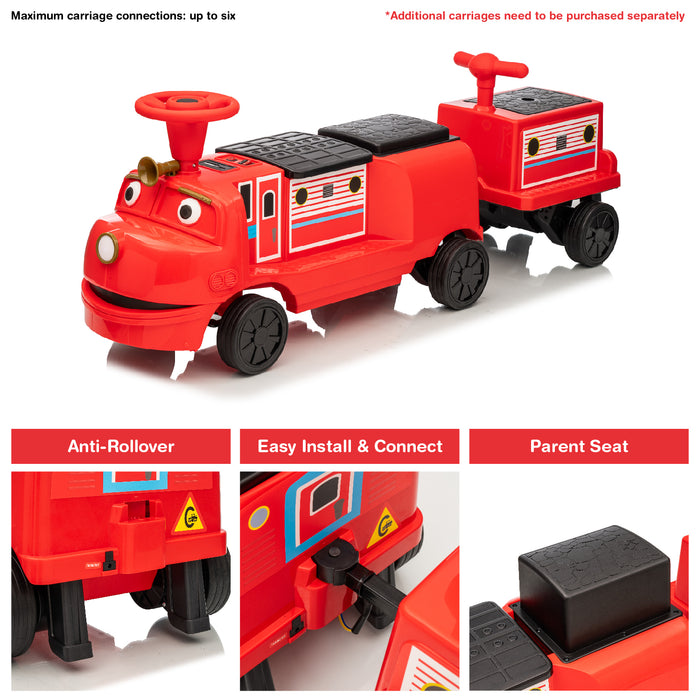 Officially Licensed Chuggington® Electric Ride-On Train with Whistle, Music Player & 2+/2 Seater – 12V, Red or Blue, Detachable Carriage