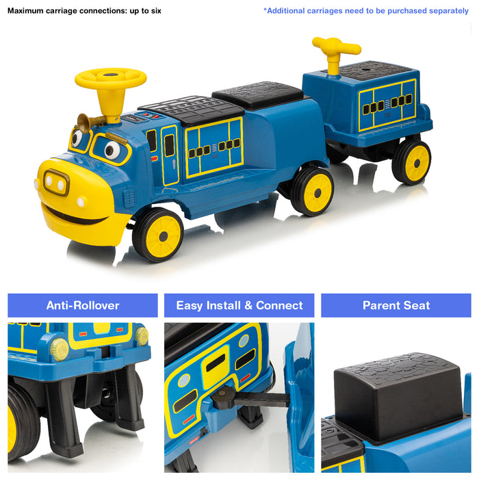 Officially Licensed Chuggington® Electric Ride-On Train with Whistle, Music Player & 2+/2 Seater – 12V, Red or Blue, Detachable Carriage
