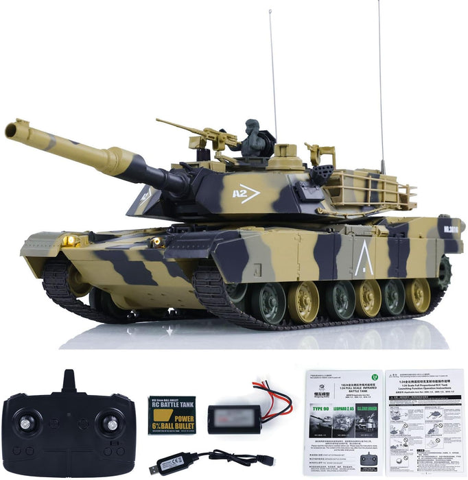 Toy tank with camouflage pattern and remote control on a white background