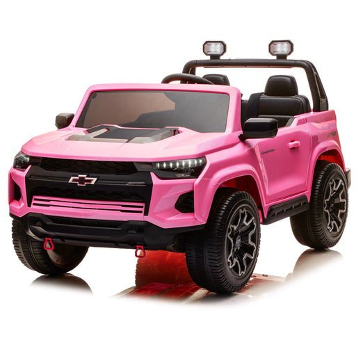 Black Chevrolet Colorado 2-seater 24V electric car for kids, safe ride-on toy with parental remote, suspension, and openable cargo bed
