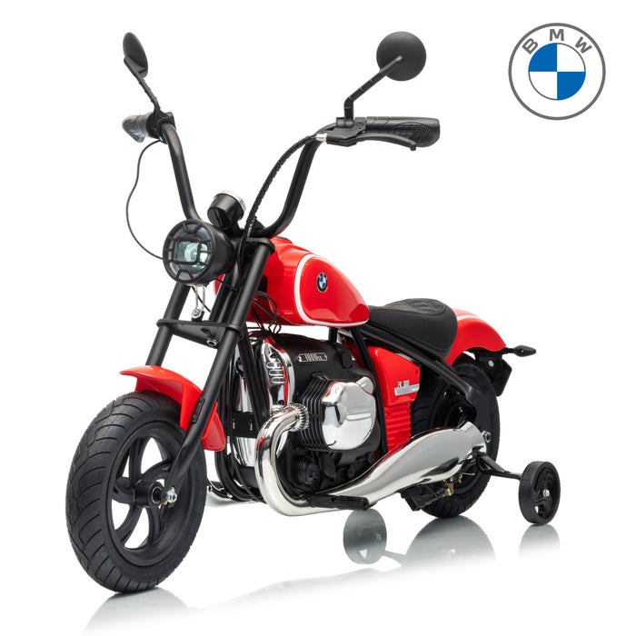 Red toy motorcycle with BMW logo on a white background black BMW R 18 kids ride on motorcycle with comfortable seat and cruiser design