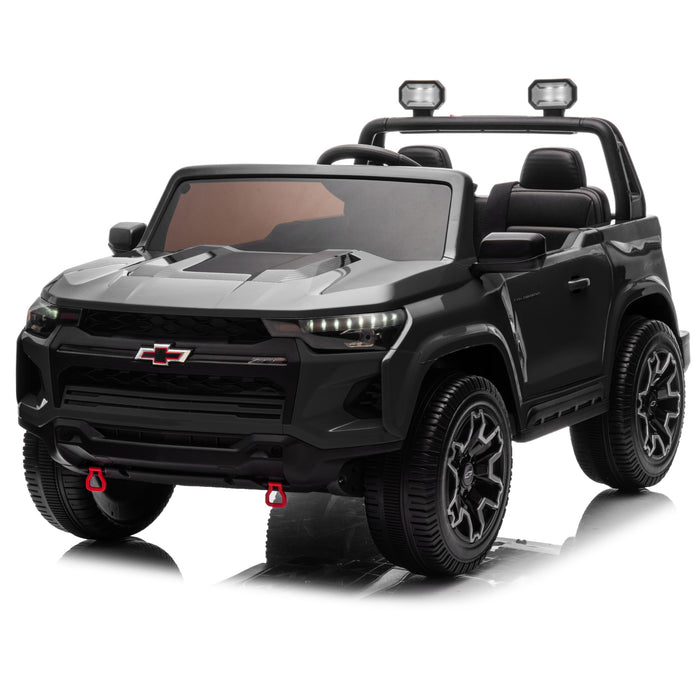 Black Chevrolet Colorado kids 24 volt ride-on truck, 2-seater battery powered electric pickup car with LED headlights and Bluetooth music system