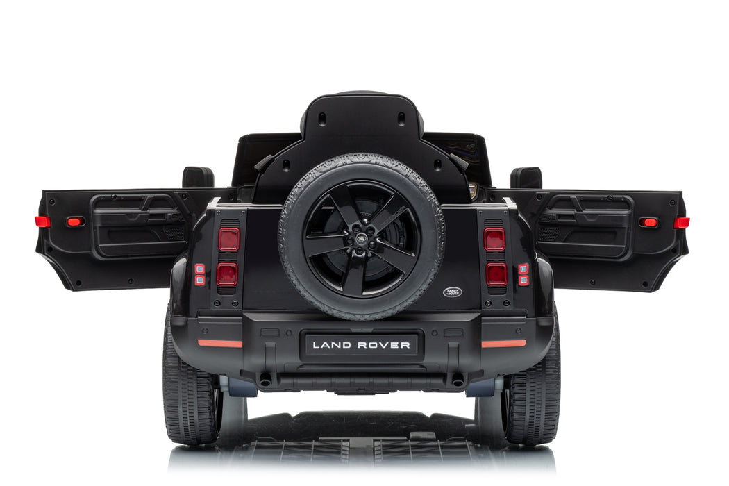 Rear view of black Land Rover Defender 110 kids ride-on car