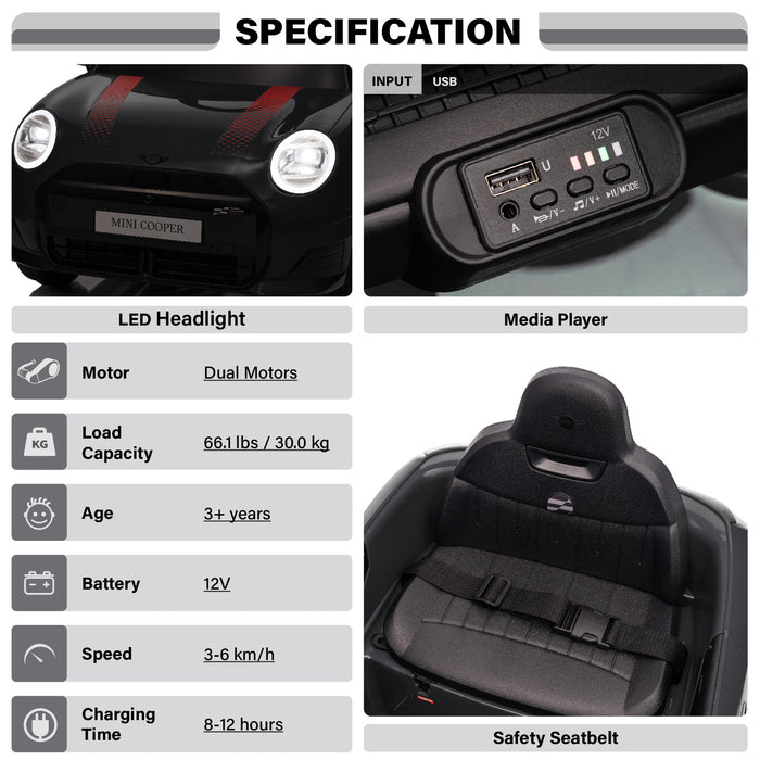 Licensed Mini Cooper Ride On Car for Kids, 12V Electric Battery Powered Vehicle with Remote Control, LED Lights, MP3 Player & Transport Wheels, Gift for Boys & Girls Ages 3+
