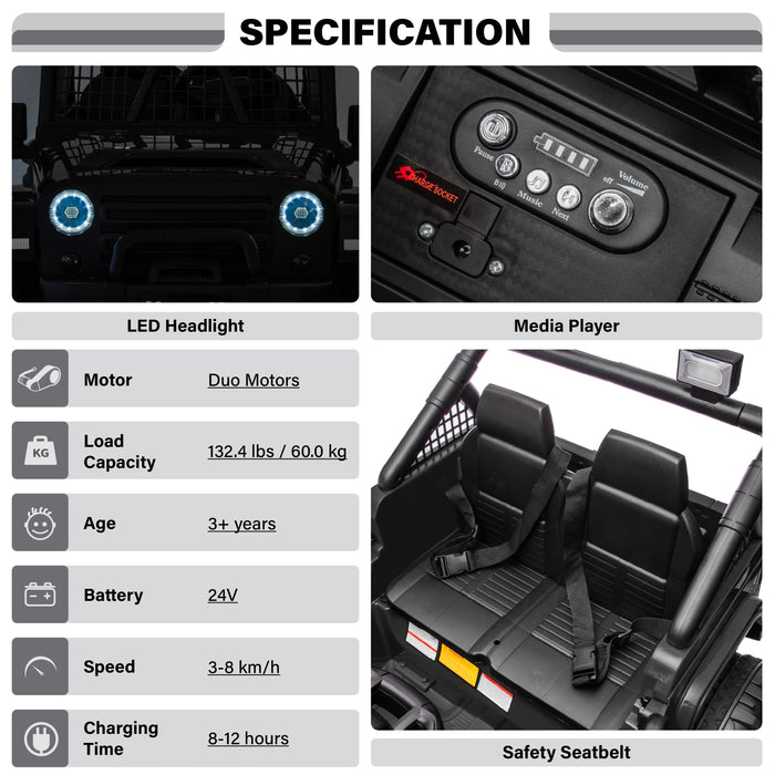 Voiture Jeep 2 places HAVOC 24 V pour enfants, jouet à monter avec portes ouvertes, lumières réalistes et télécommande