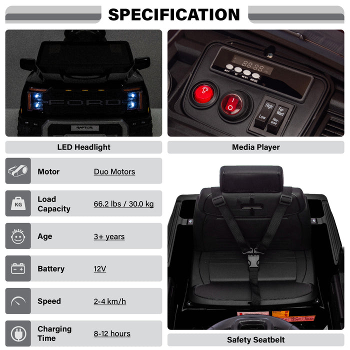 Licensed Ford F-150 Raptor 12V Ride-On Truck for Kids – Dual 25W Motors, Remote Control, LED Lights & Music