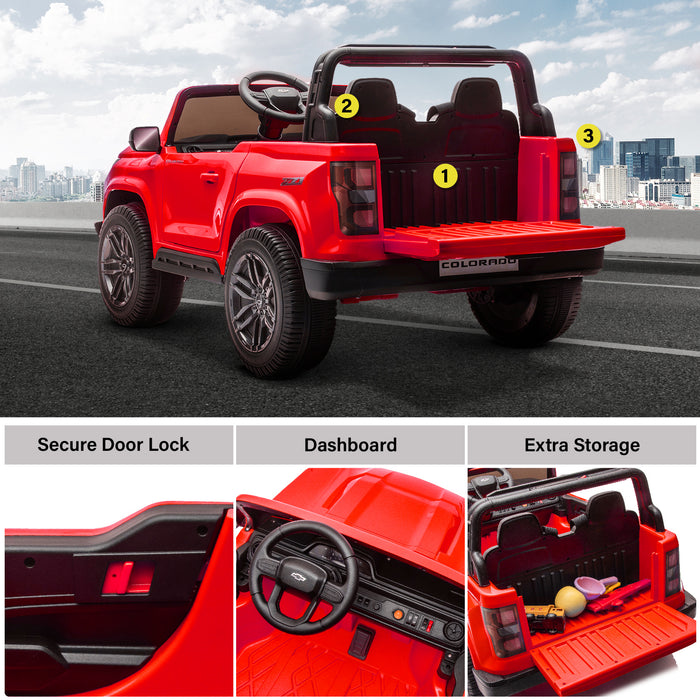 Chevrolet Colorado blue kids ride-on car 24 volt, battery powered 2-seater electric truck for boys and girls, outdoor adventure toy with Bluetooth music and headlights