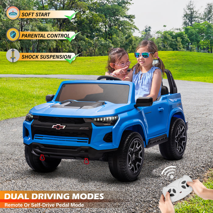 Blue Chevrolet Colorado licensed 24V kids ride-on truck, 2-seater electric pickup car for kids with parental remote control, LED lights, and music player