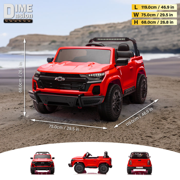 Blue Chevrolet kids 24V ride-on electric pickup truck for children, 2-seater off-road toy car with suspension system and durable EVA wheels