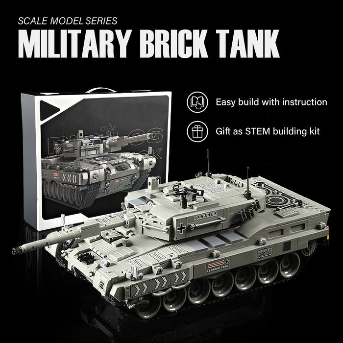 Military brick tank model with packaging and building instructions on a black background