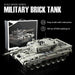 Military brick tank model with packaging and building instructions on a black background