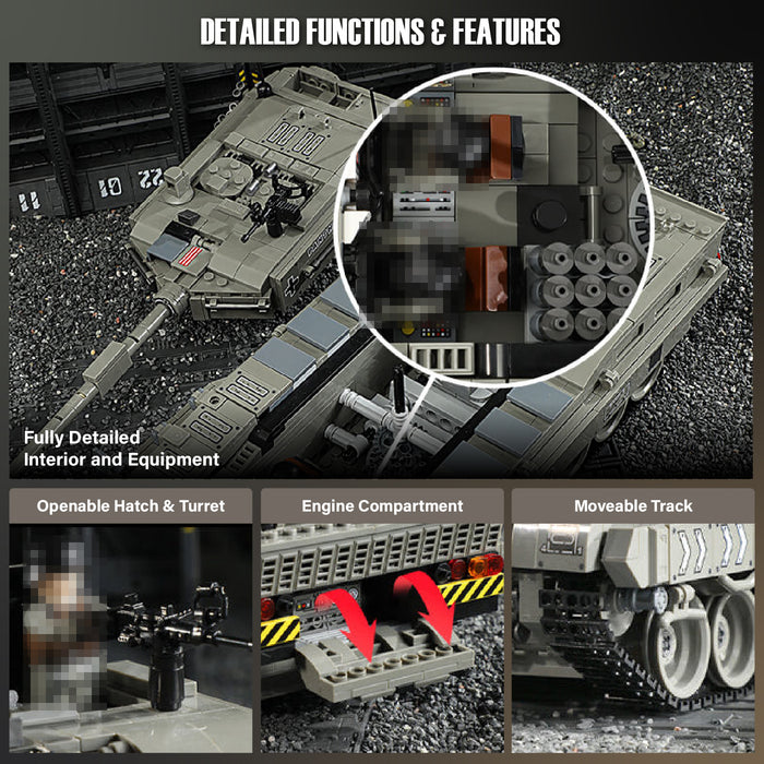 Detailed functions and features of a model tank with close-up shots on a dark background.
