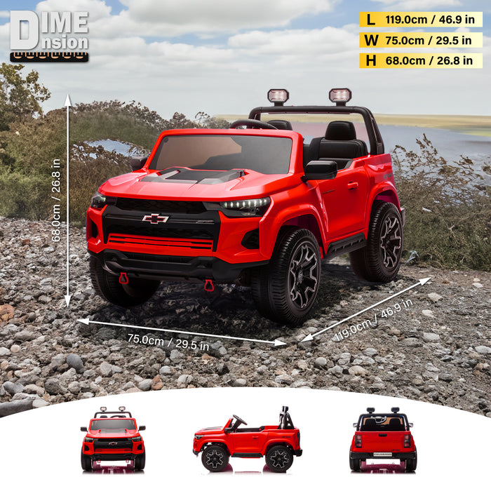 Red Chevrolet Colorado 2-seater electric ride-on pickup truck with parental remote control on off-road terrain
