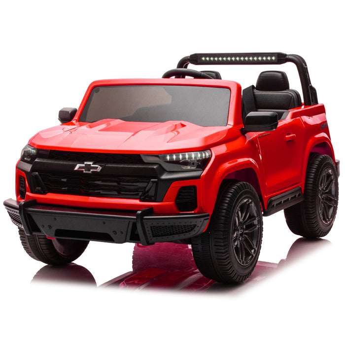Red Chevrolet Colorado 24V kids ride-on pickup truck with remote control and realistic design