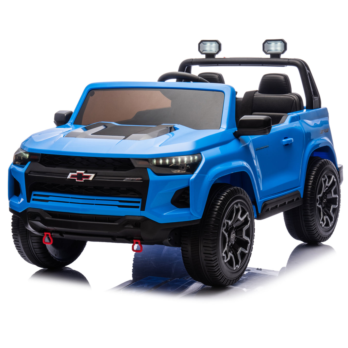 Blue Chevrolet Colorado licensed 24V kids ride-on truck, 2-seater electric pickup with remote control and LED lights
