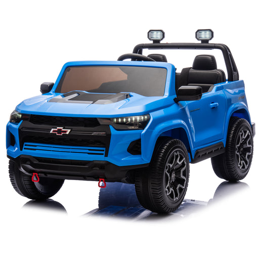 Blue Chevrolet Colorado licensed 24V kids ride-on truck, 2-seater electric pickup with remote control and LED lights