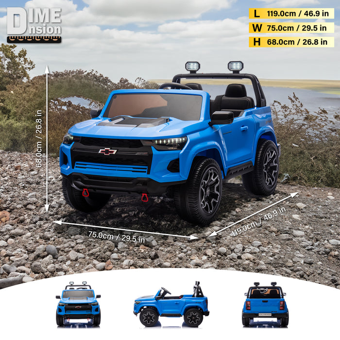 Blue Chevrolet Colorado 24V 2-seater ride-on truck for kids driving on off-road terrain