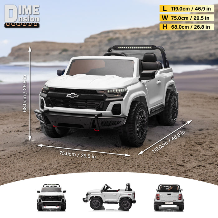 Rear view of red Chevrolet Colorado kids electric ride-on truck with openable cargo bed