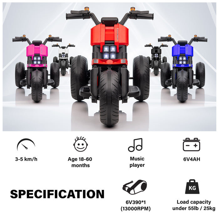 Kids Motorcycle 6V with 3 Wheels, Realistic Lights and Sound
