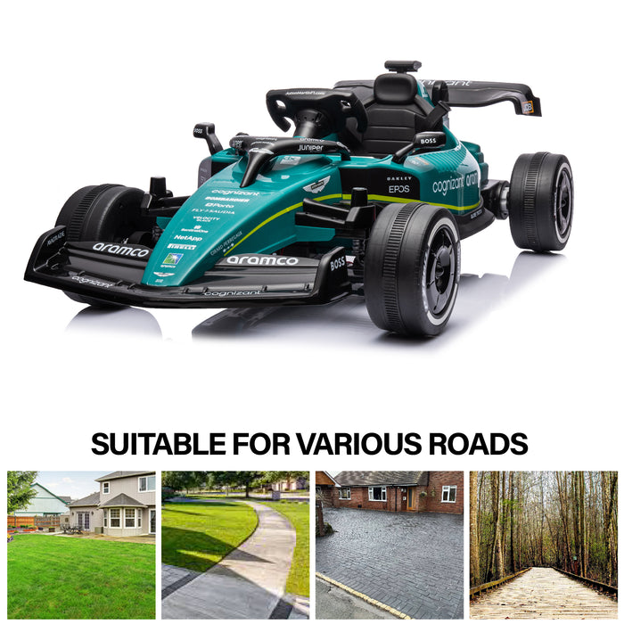 Powerful 24V dual motors on kids F1-style electric car – Aston Martin licensed