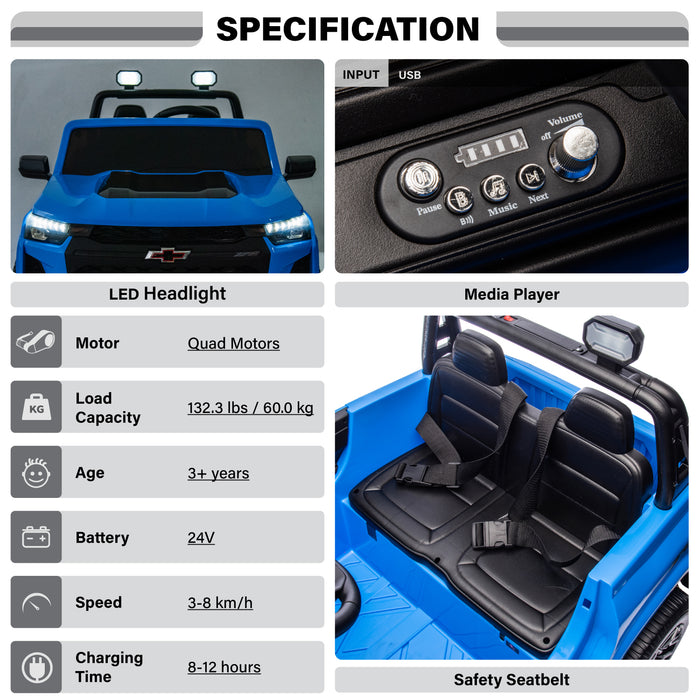 Black Chevrolet Colorado 24V licensed kids ride-on truck with LED headlights and realistic design