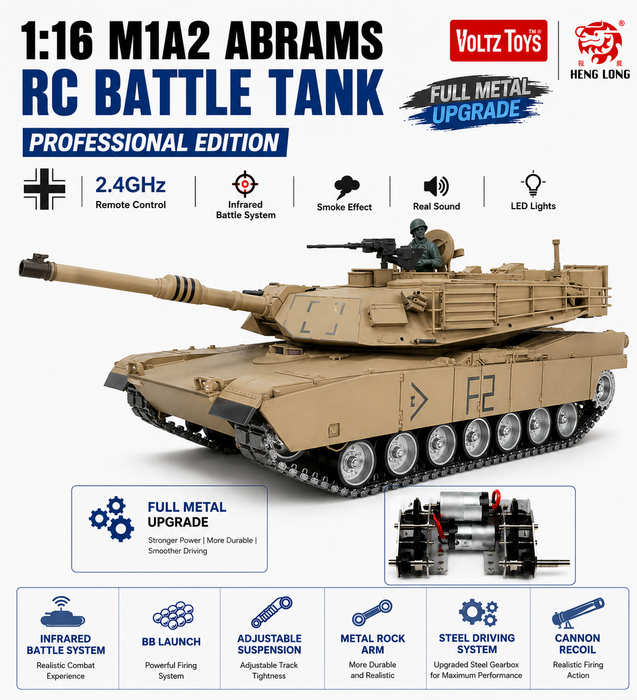 Heng Long® 1/16 M1A2 Abrams RC Battle Tank – Professional Edition, Full Metal Upgrade, Infrared Battle System, Smoke & Real Sound