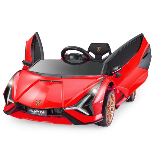 Red Lamborghini SIAN 12V ride-on car for kids with premium finishes.