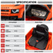 Specification and feature overview graphic for an orange Ford-themed children's ride-on vehicle. The layout includes close-up feature photos of the LED headlight, media player console, and safety seatbelt area, alongside a left-side text panel listing motor, load capacity, age, battery, speed, and charging time. Land Rover Defender 110 ride-on car specifications with dual motors and LED headlights