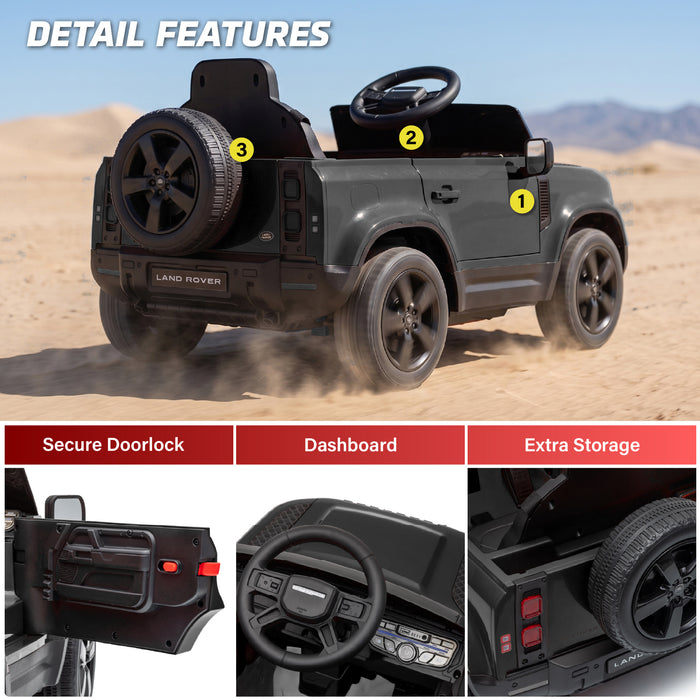 A black ride-on toy car styled like a Land Rover Defender, shown in a desert setting with numbered callouts and feature inset photos below. The image highlights a secure doorlock,  dashboard, and extra storage. Black Land Rover Defender 110 with secure door dashboard and rear storage