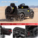 A black ride-on toy car styled like a Land Rover Defender, shown in a desert setting with numbered callouts and feature inset photos below. The image highlights a secure doorlock,  dashboard, and extra storage. Black Land Rover Defender 110 with secure door dashboard and rear storage