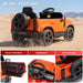 An orange ride-on toy vehicle styled like a Land Rover Defender, shown in a desert setting with callout labels pointing to features such as the doorlock, dashboard, and extra storage. The image includes a feature-detail banner at the bottom with close-up views of the door, steering wheel, and storage area. Orange Land Rover Defender 110 with secure door dashboard and rear storage