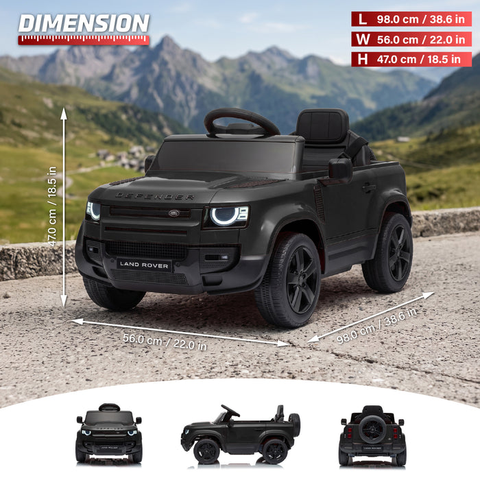 Black ride-on toy car styled like a Land Rover Defender, shown outdoors on a gravel path with mountain scenery in the background. White dimension lines and text indicate the toy's measurements: 98 cm length, 56 cm width, and 47 cm height. Black Land Rover Defender 110 ride-on car dimensions and exterior views