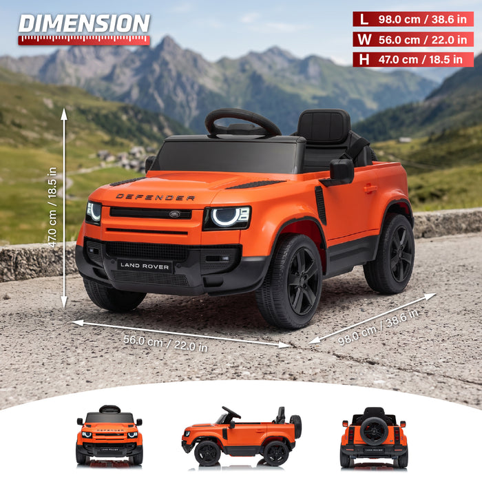 Orange and black toy Land Rover Defender ride-on car shown outdoors on a road with mountain scenery in the background, with dimension labels and three smaller front/back views at the bottom.Orange Land Rover Defender 110 ride-on car dimensions and exterior views