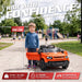 A child stands next to an orange ride-on toy car shaped like a Land Rover on a paved playground path. The scene includes large promotional text ('RIDE WITH CONFIDENCE', 'KID'S HEIGHT 100 CM', and feature icons at the bottom) and a blurred playground in the background. car.jpgSingle-seat Land Rover Defender 110 ride-on car for children ages three and up