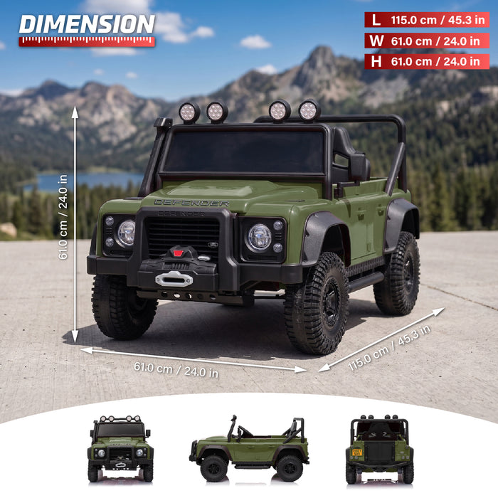 Black Land Rover Defender 24V ride-on car dimensions 115 by 61 by 61 centimetres