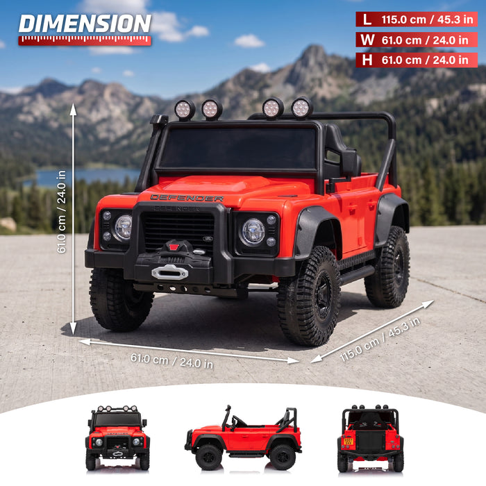 Green Land Rover Defender 24V ride-on car dimensions 115 by 61 by 61 centimetres